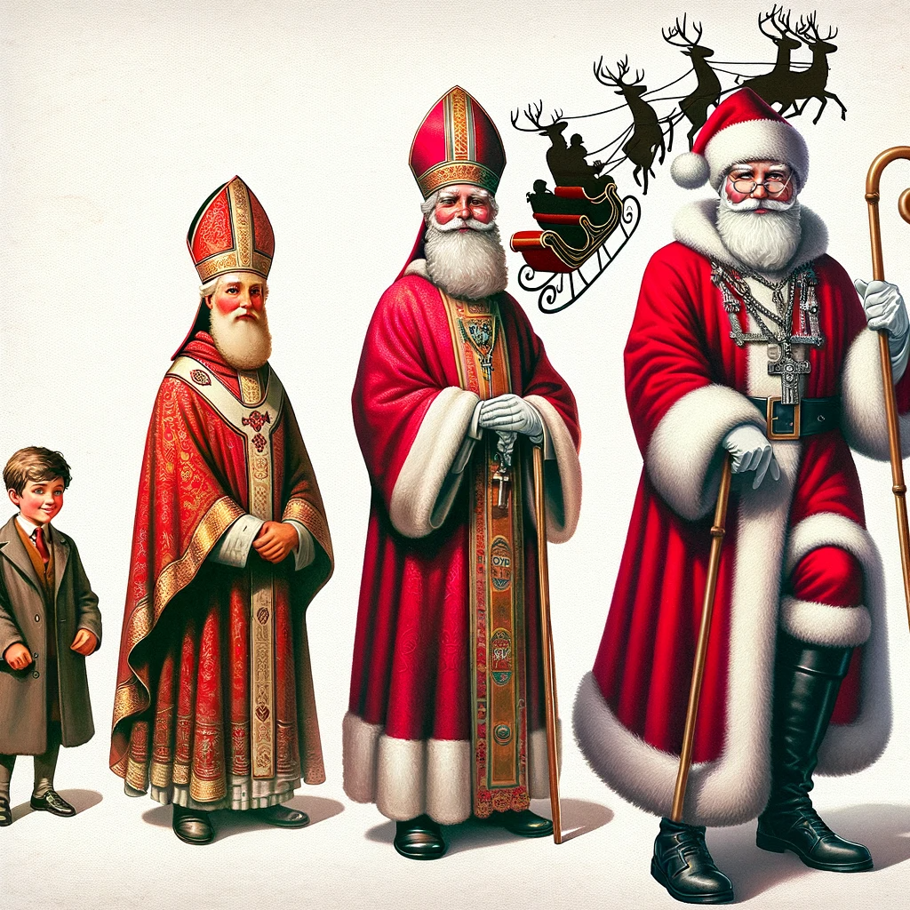 A montage showing the evolution of Santa Claus from St. Nicholas, a bishop in robes, to the modern version in his iconic red suit, with a sleigh and reindeers in the background.