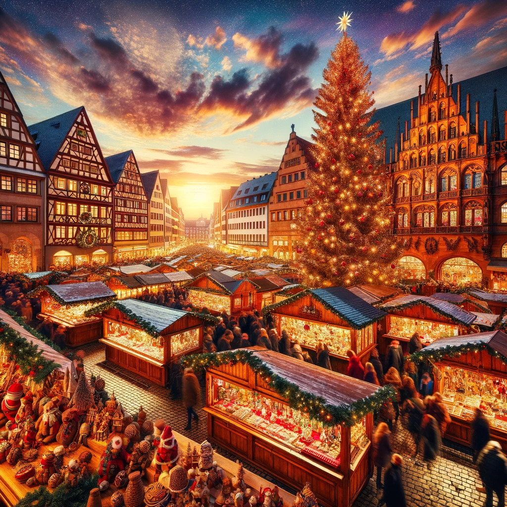 A bustling Christmas market in Germany, with wooden stalls selling handmade ornaments, the air filled with the aroma of mulled wine and gingerbread.