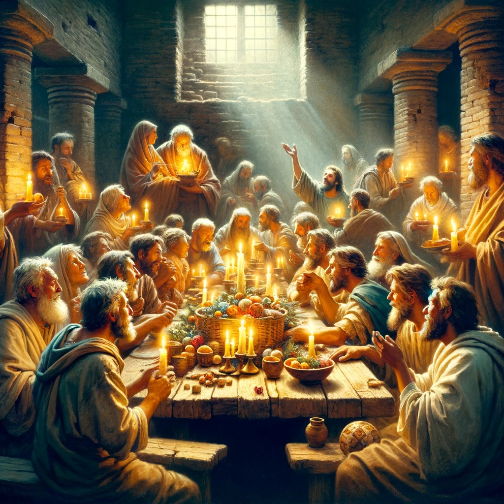 An artistic depiction of the first recorded Christmas celebration in Rome, showing a gathering of early Christians.&nbsp;