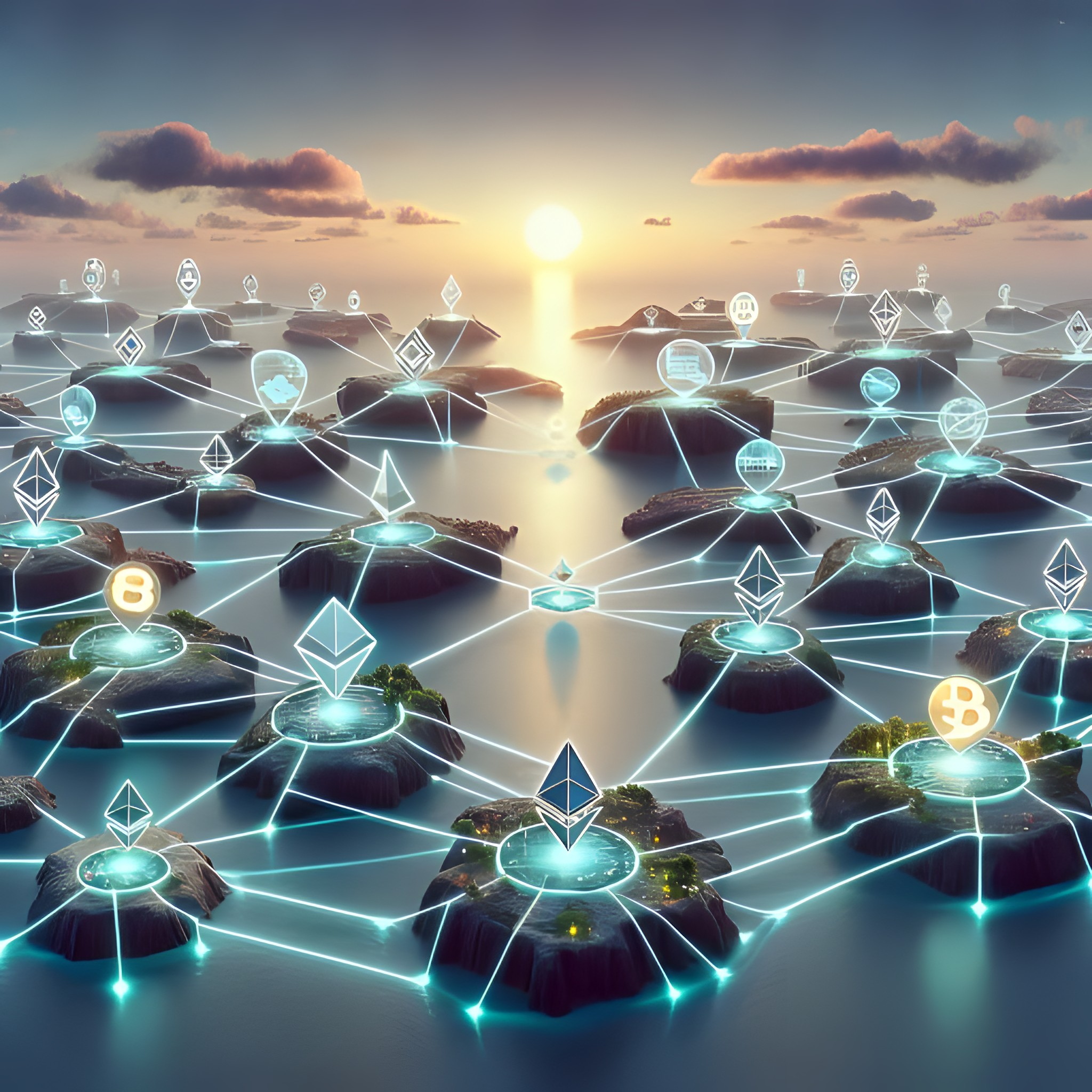 A futuristic bridge connecting a diverse web of interconnected blockchain networks.