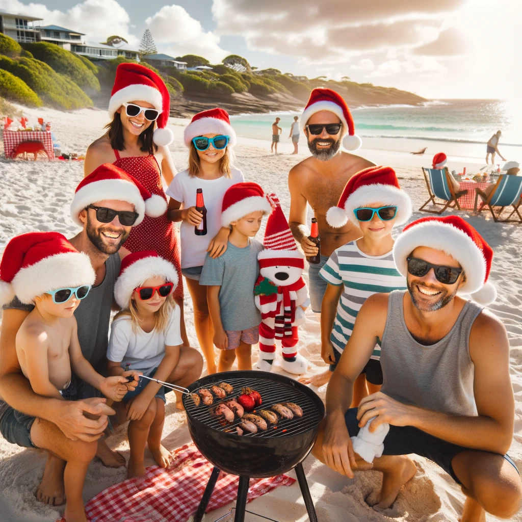 Families gathered on a sunny beach, with Santa hats and sunglasses, enjoying a festive barbecue as they celebrate Christmas under the Australian sun.