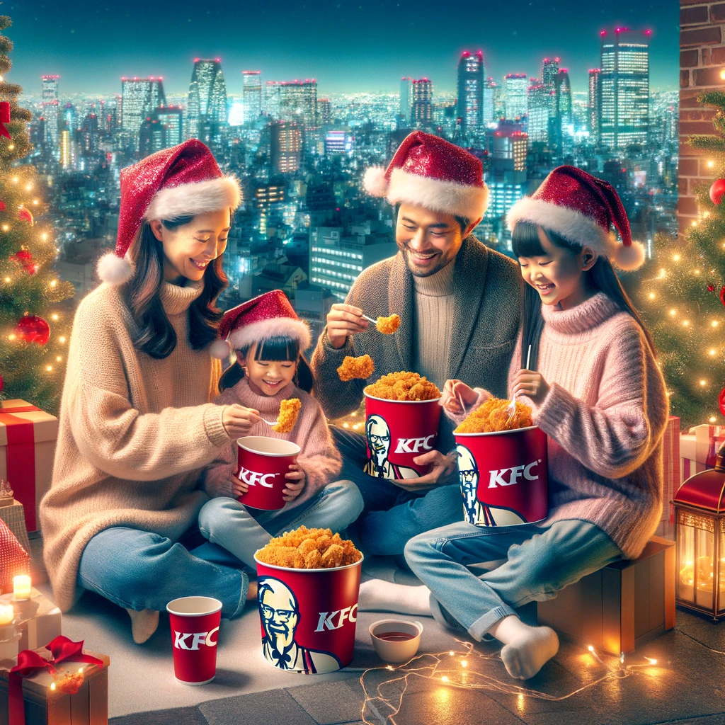 A Japanese family enjoying a bucket of KFC on Christmas Eve, with a backdrop of Tokyo's city lights and festive decorations.